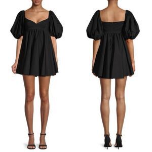 Caroline Constas Black Leigh Babydoll Heart Neckline Puff Sleeve Dress Sz M Glam